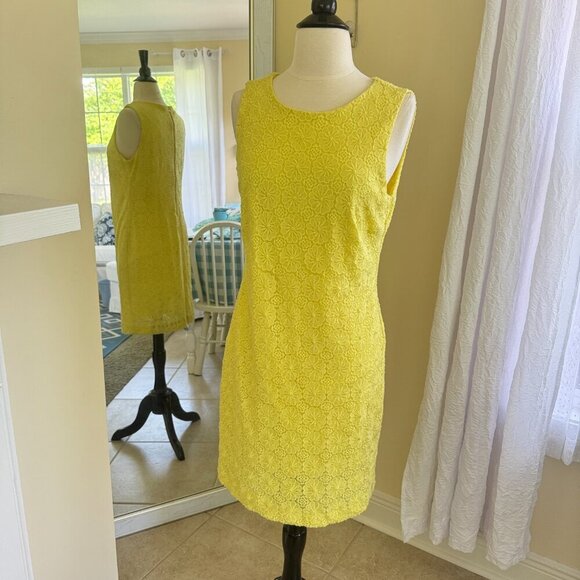 Vintage 60s Shift Dress Size 12 Yellow Floral Lace Overlay Sleeveless Retro - Picture 2 of 12